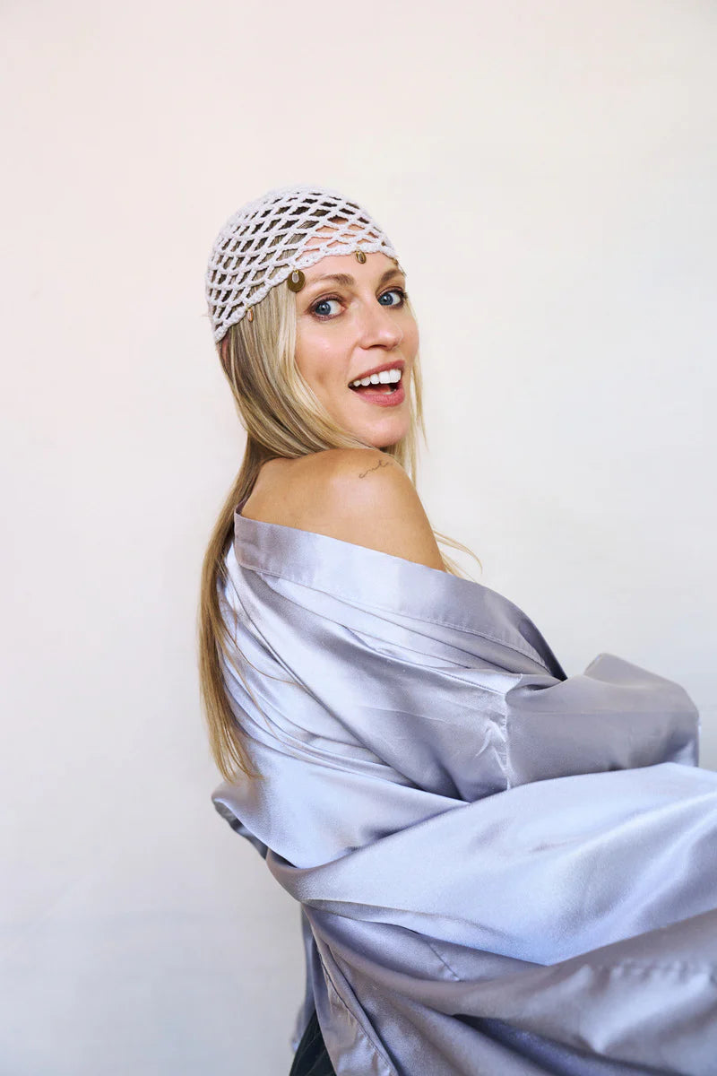 Katerini Mou white crochet beanie, detail