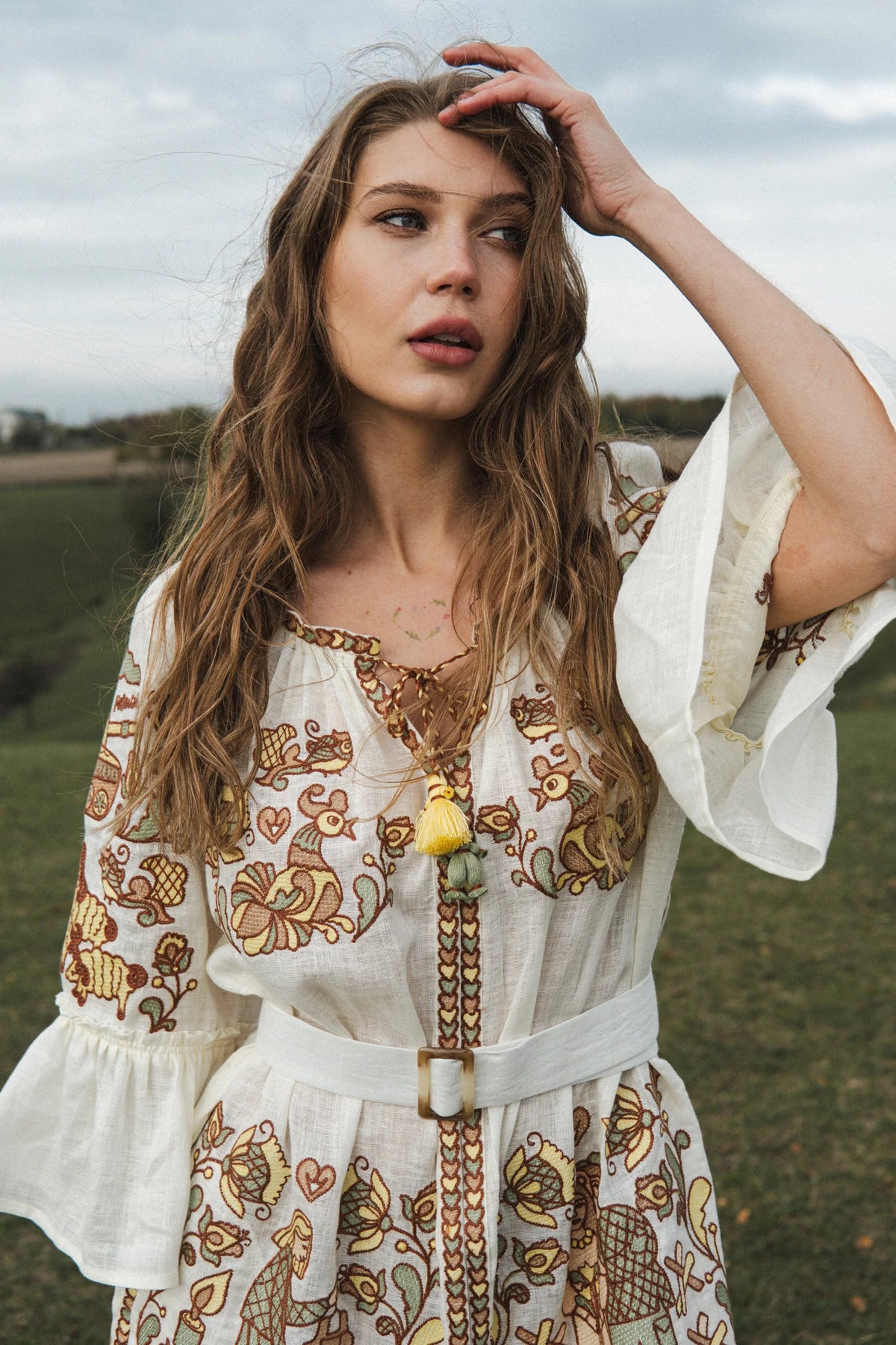 Embroidery History linen maxi dress - botanical Hutsul embroidery detail