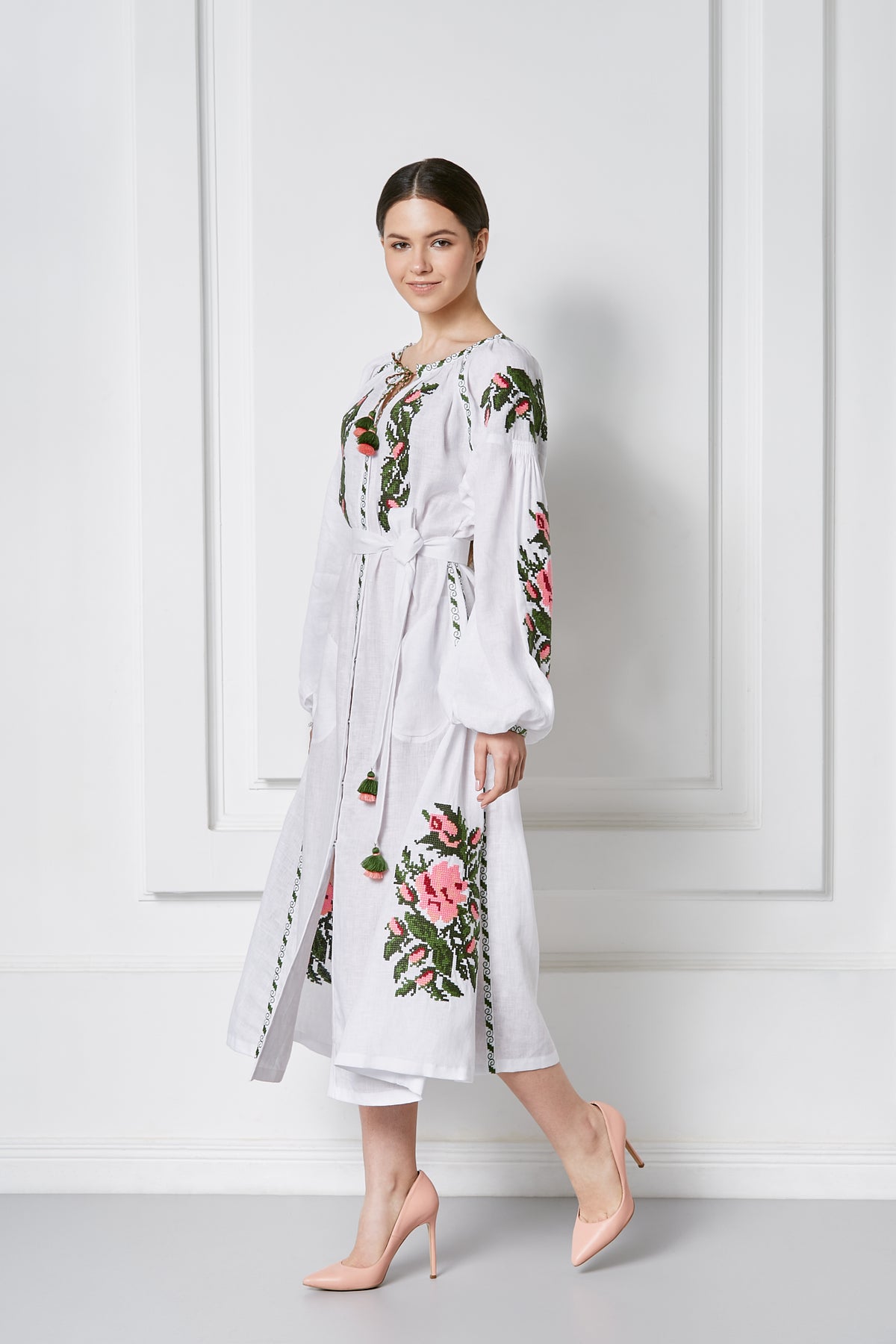 Claire Chic white linen dress - floral cross-stitch embroidery detail
