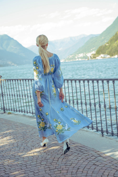 Evelyn light blue linen maxi dress - beaded tassel-tie neckline detail