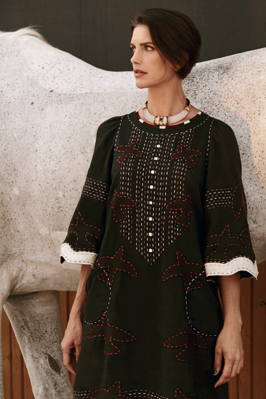 Golden Realm Handmade Embroidered Linen Dress