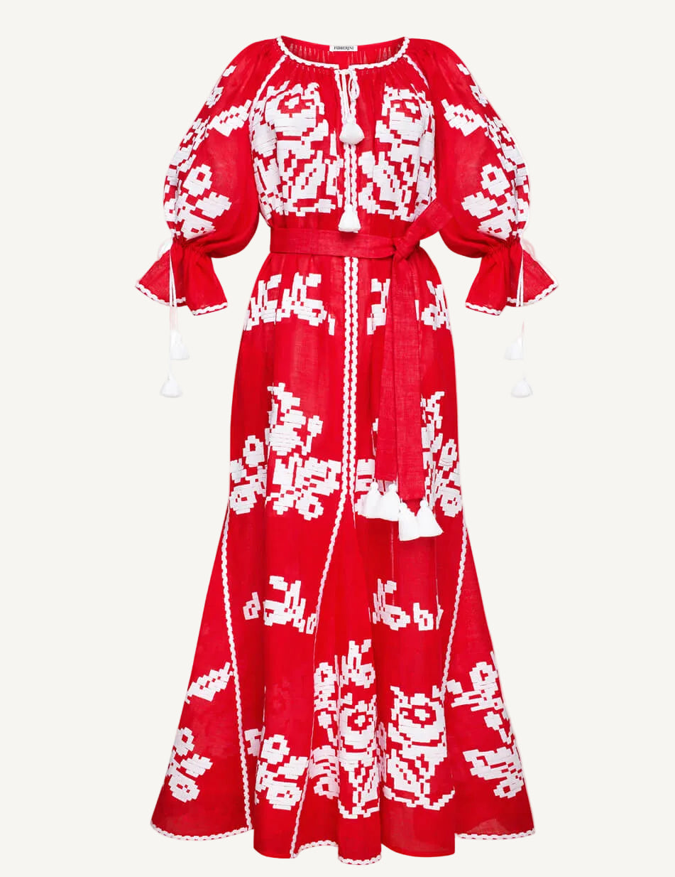 Foberini, Embroidered dress, red, linen, floral motif, hand-embroidered