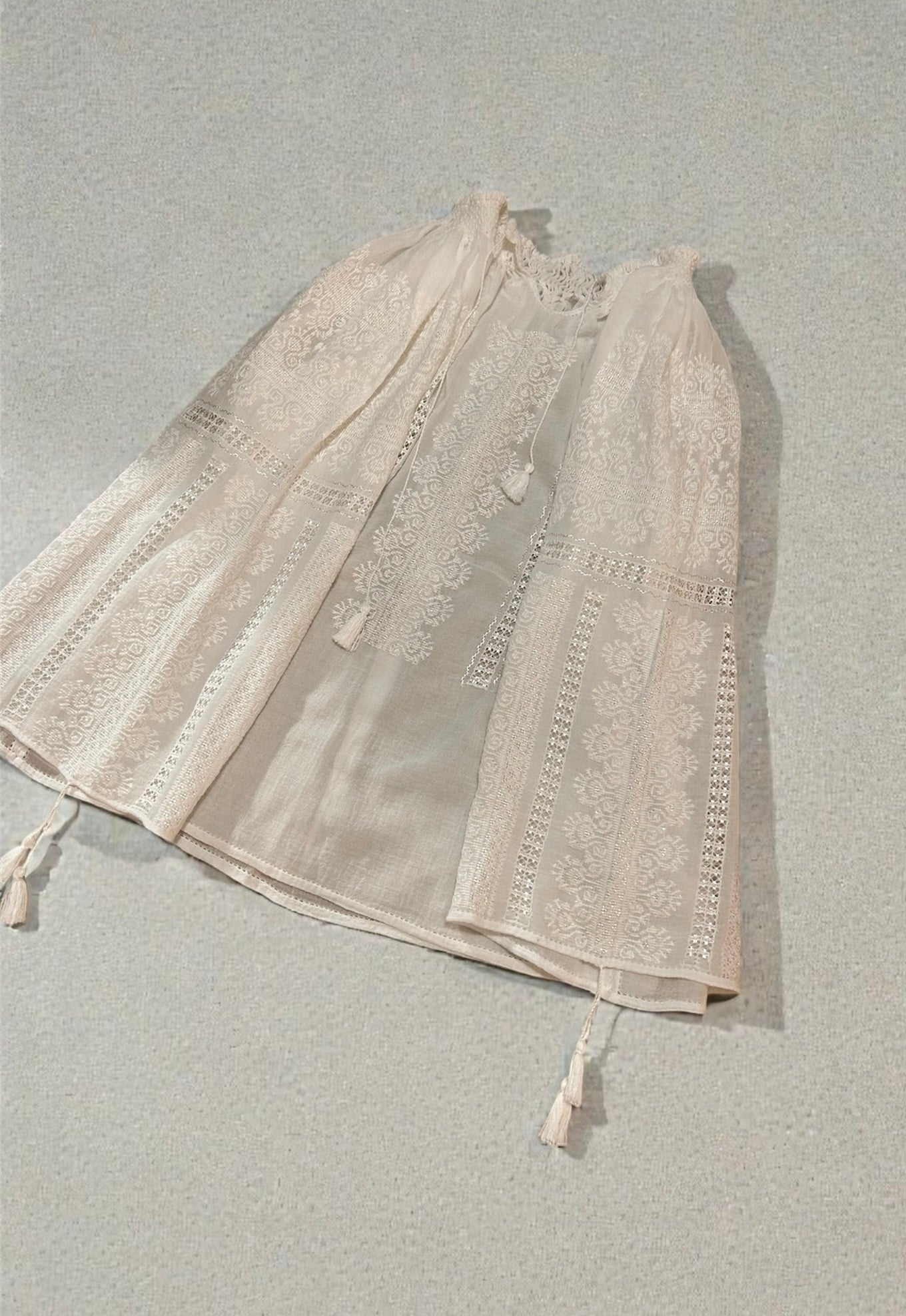 White Ram’s Horn motif hand cross-stitched silk and cotton blouse with ajour embroidery