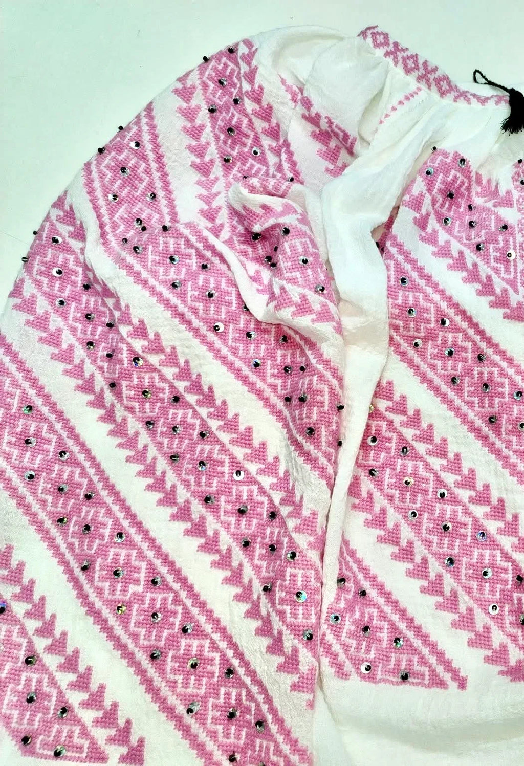 Pink Blossom cross stitched hand-embroidered sequined cotton blouse