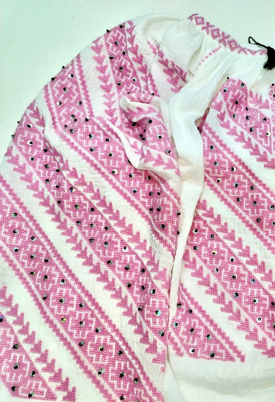 Pink Blossom cross stitched hand-embroidered sequined cotton blouse