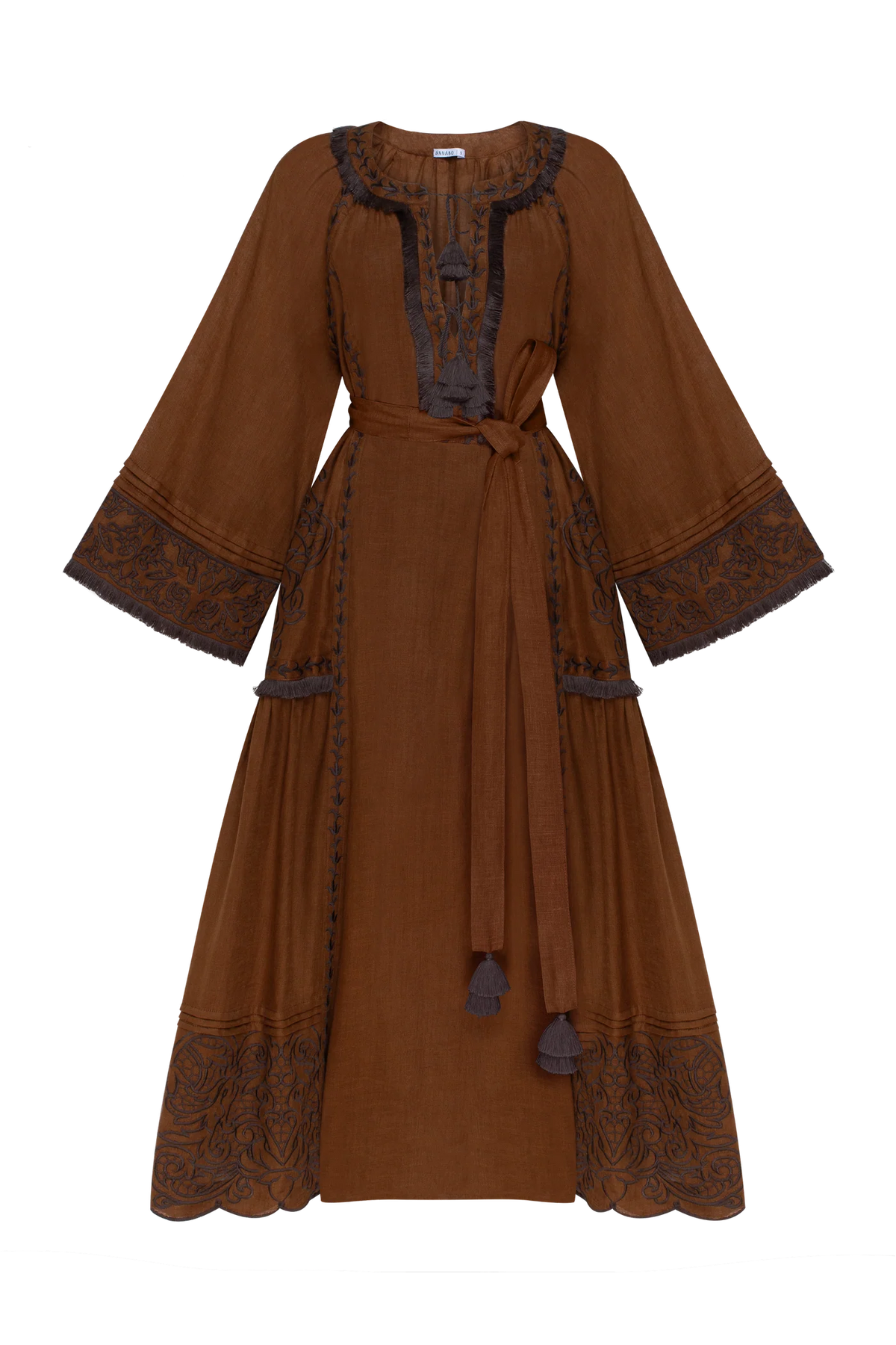 Model wearing ANNABO Eternal Heritage brown linen maxi dress with removable waist belt