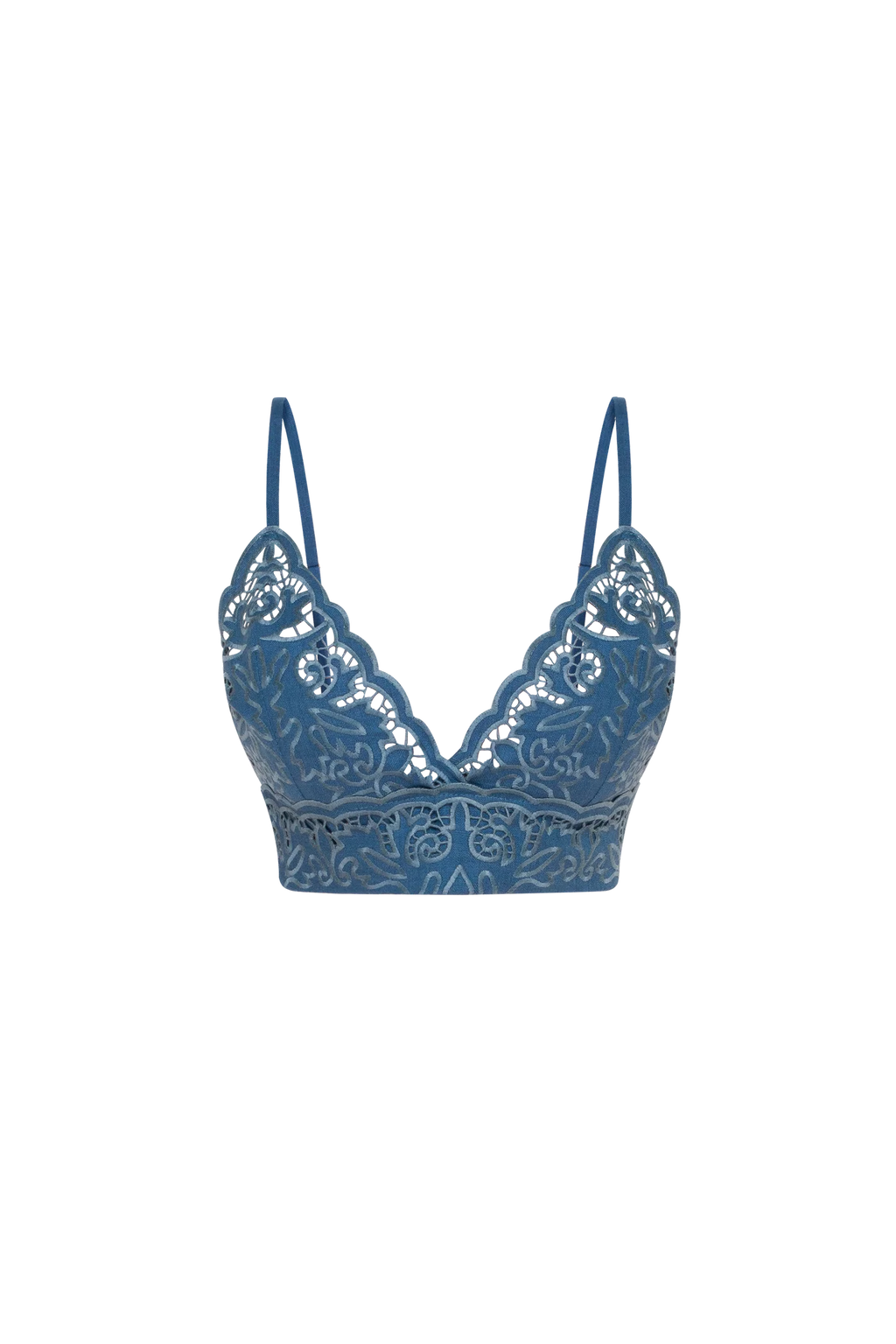 Hand-embroidered Richelieu cutwork linen top in steel blue