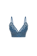 Hand-embroidered Richelieu cutwork linen top in steel blue