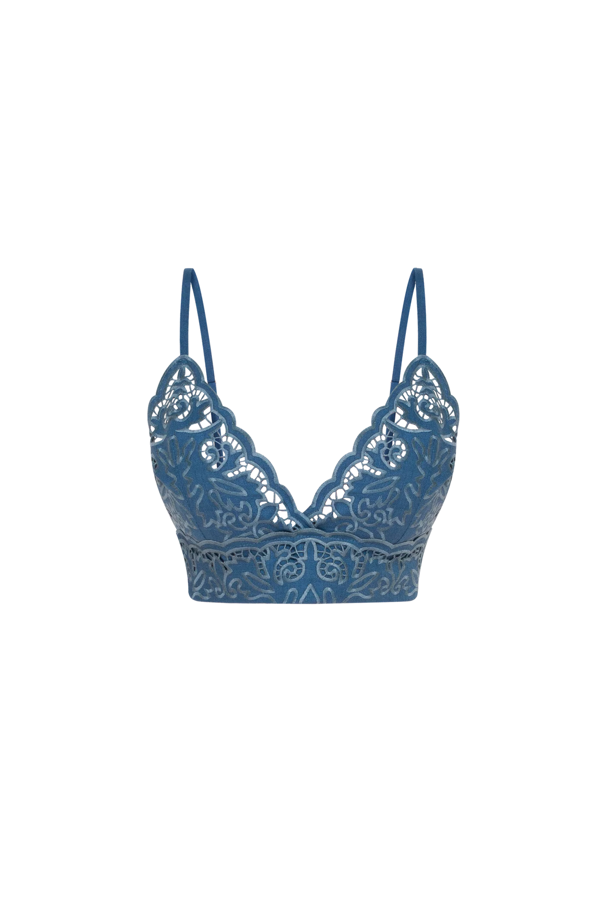 Hand-embroidered Richelieu cutwork linen top in steel blue