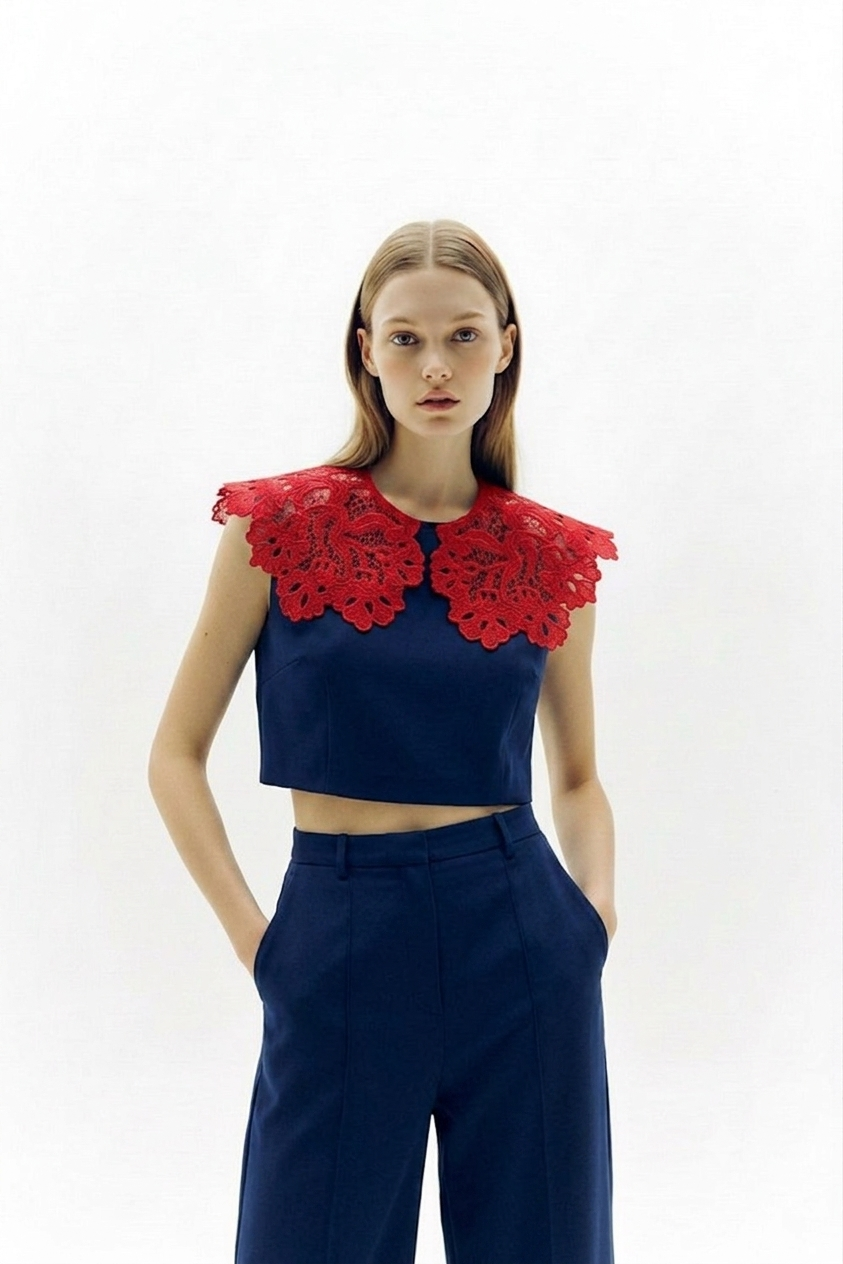 Hand-embroidered Richelieu cutwork detachable collar in red – back view