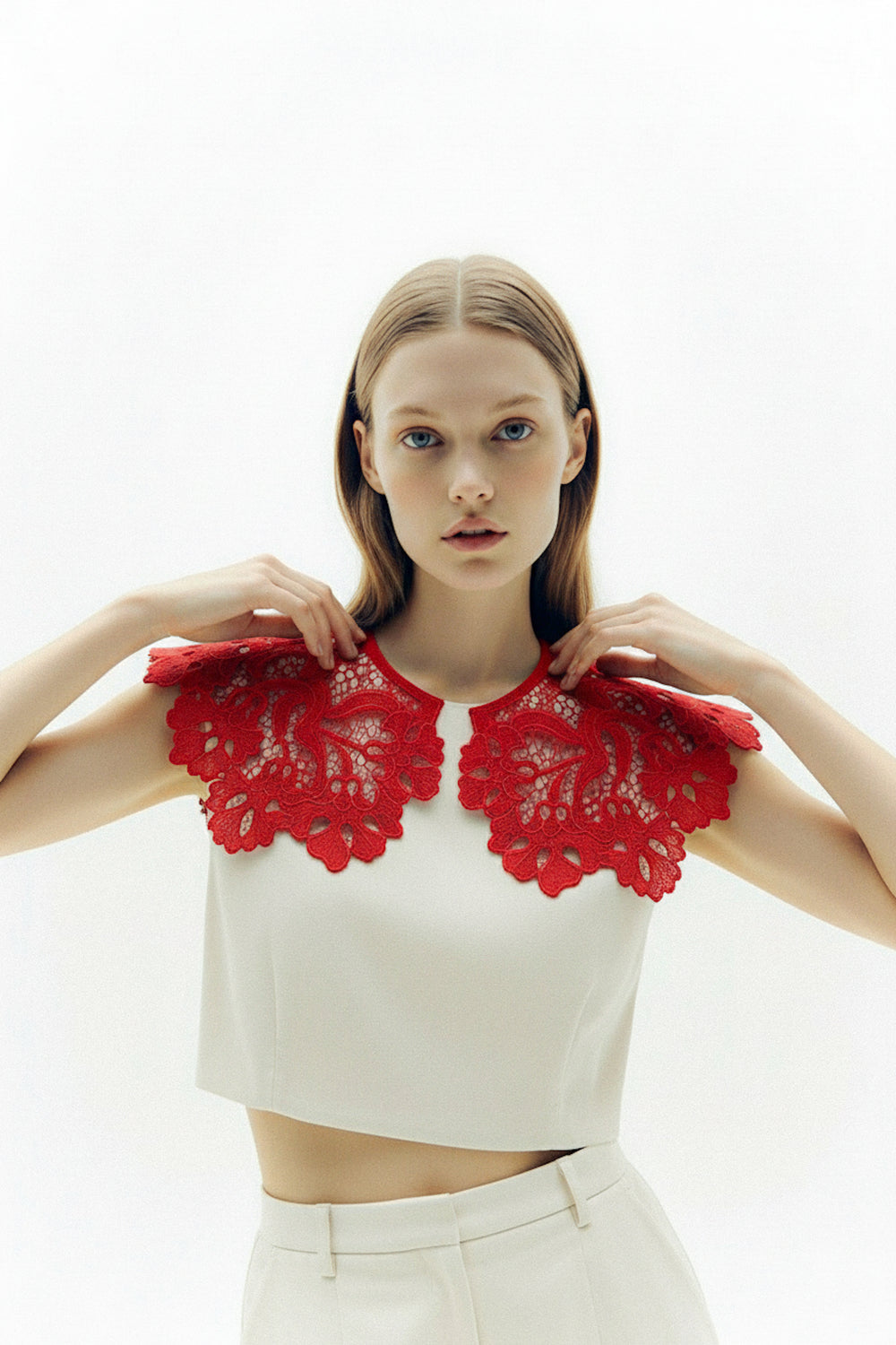 Hand-embroidered Richelieu cutwork detachable collar in red – fabric detail