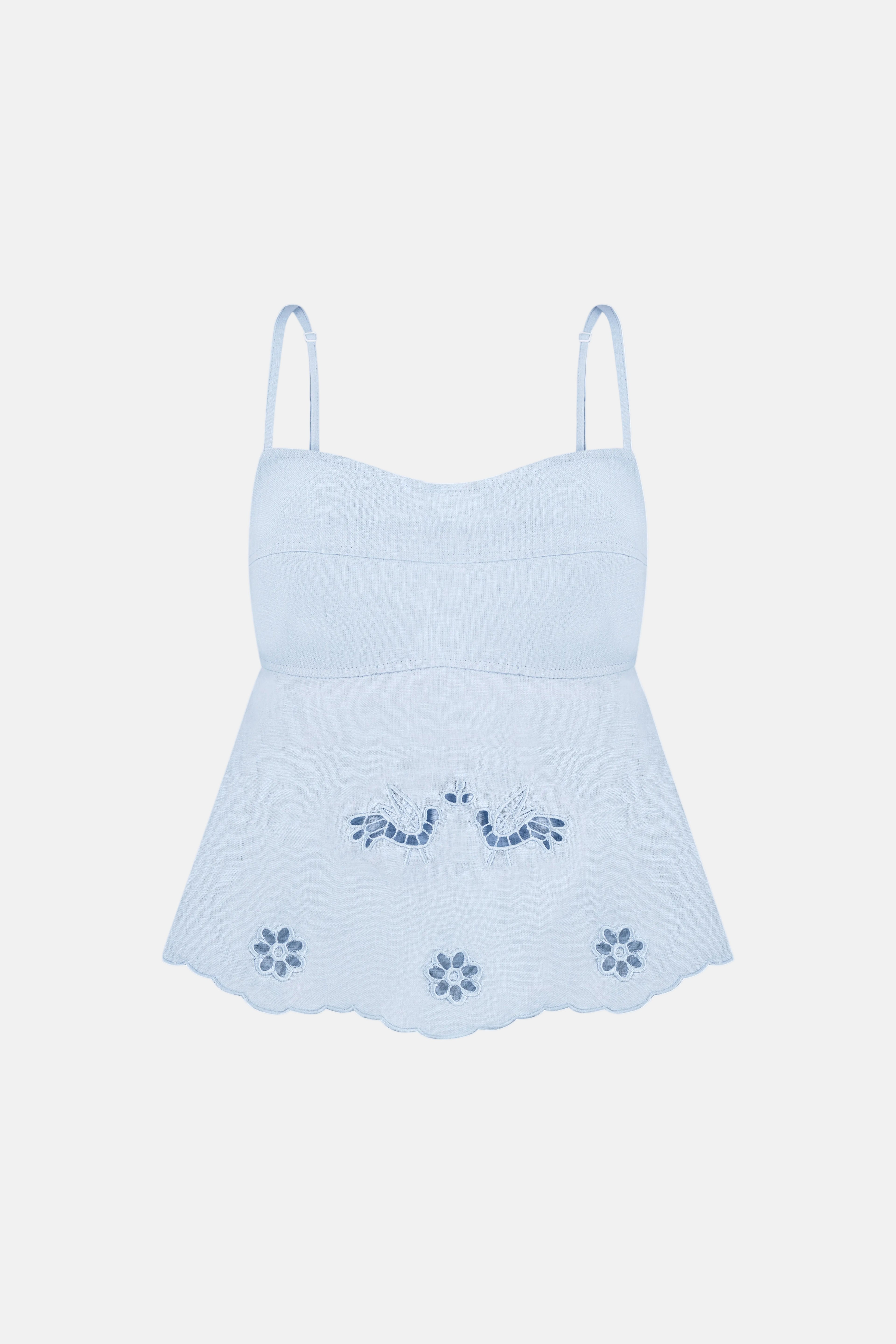 Light blue top with floral embroidery blouse roumaine-shop