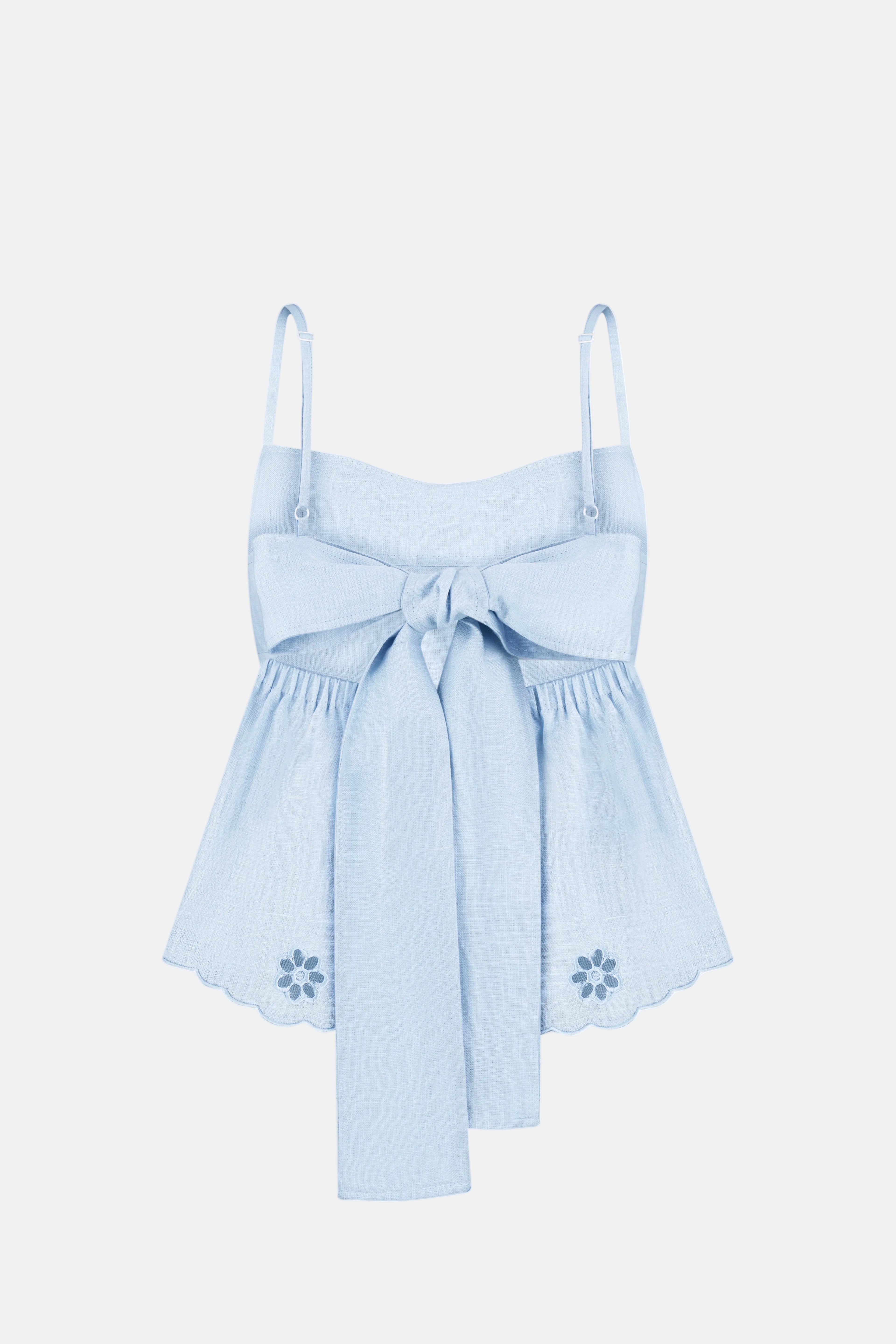 Light blue embroidered top with thin straps and floral details crafted by Fobeini