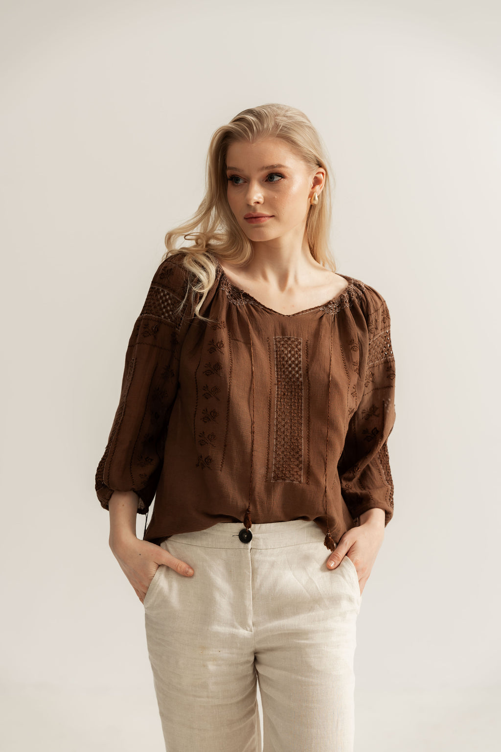 Upcycled Romanian Blouse  in Mocha Brown