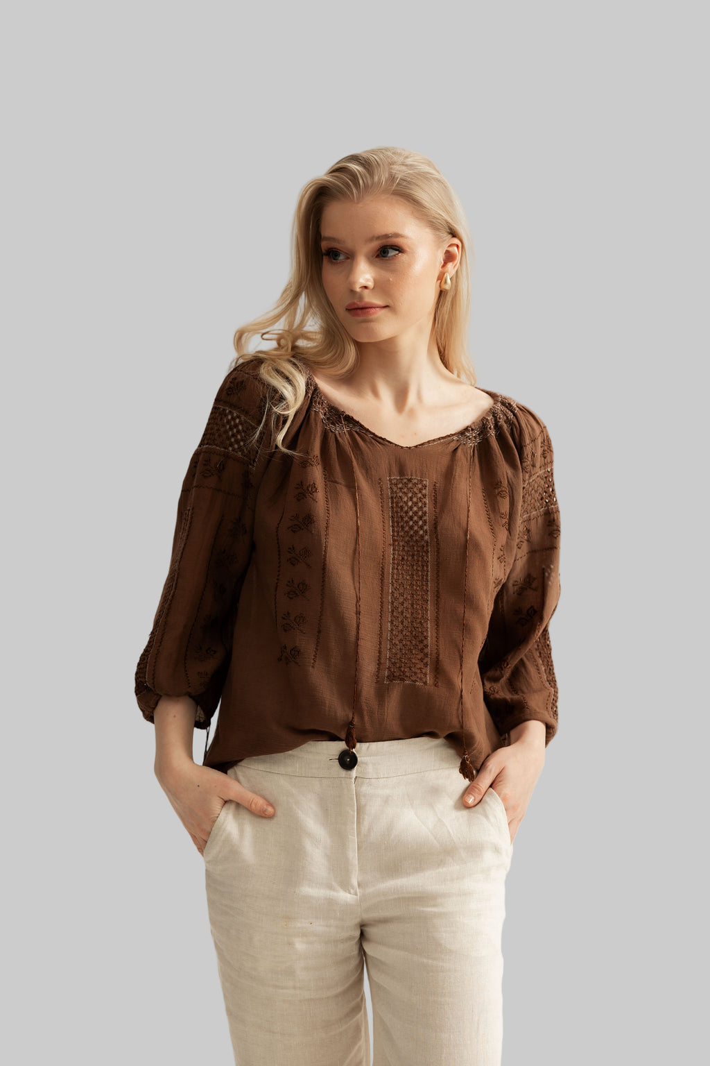Upcycled Romanian Blouse  in Mocha Brown