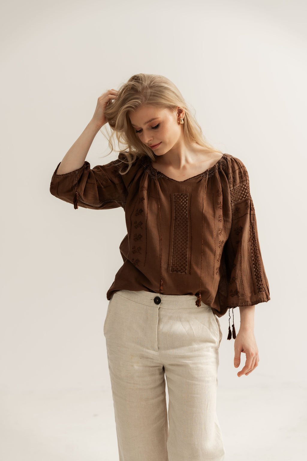Upcycled Romanian Blouse  in Mocha Brown