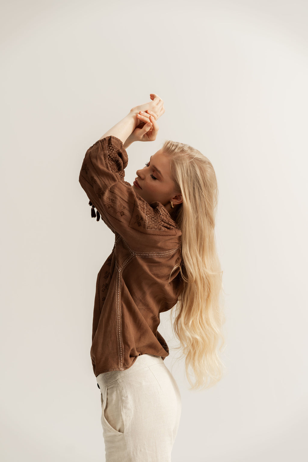 Upcycled Romanian Blouse  in Mocha Brown