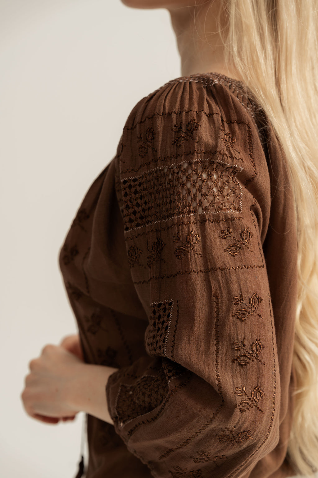 Upcycled Romanian Blouse  in Mocha Brown