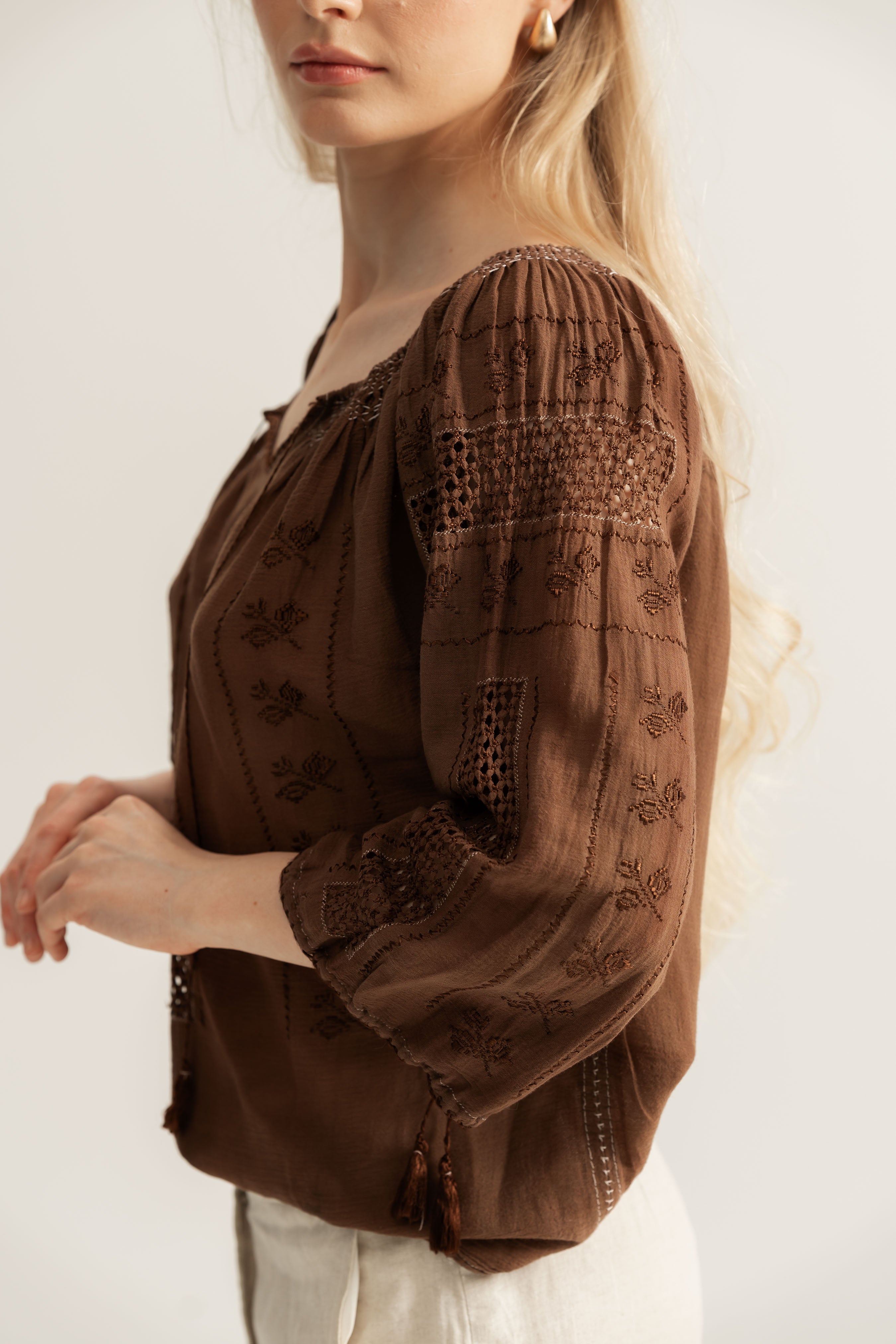 Upcycled Romanian Blouse  in Mocha Brown
