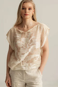Beige Woven lace blouse handmade by artisans. Slowfashion blouse