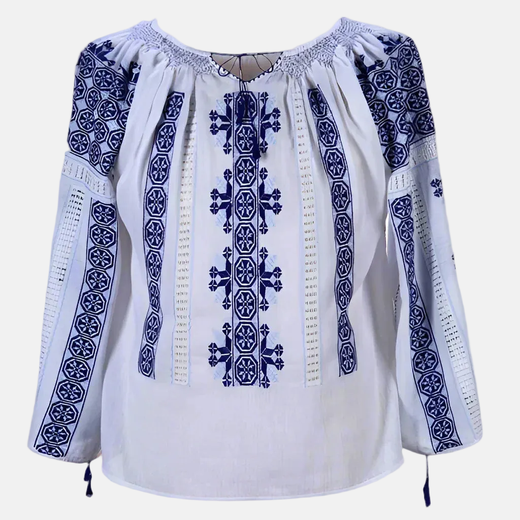 Authentic handmade Romanian blouse, white, cotton, geometric motif, hand-embroidered