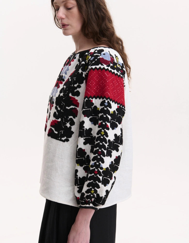 Linen Embroidered Folk Pattern Blouse Hand Made “Borshchiv Festive”