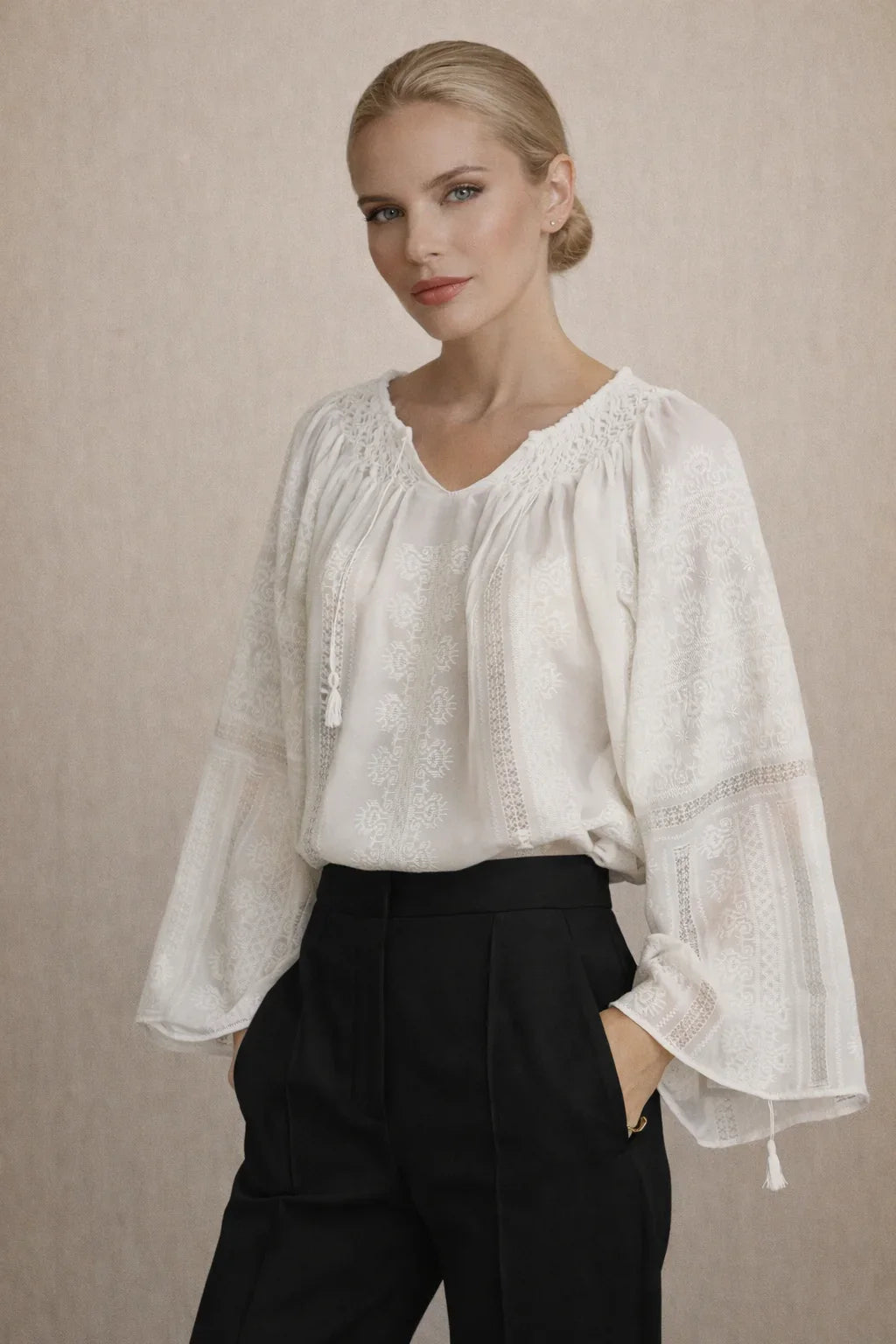 White Ram’s Horn motif hand cross-stitched silk and cotton blouse with ajour embroidery