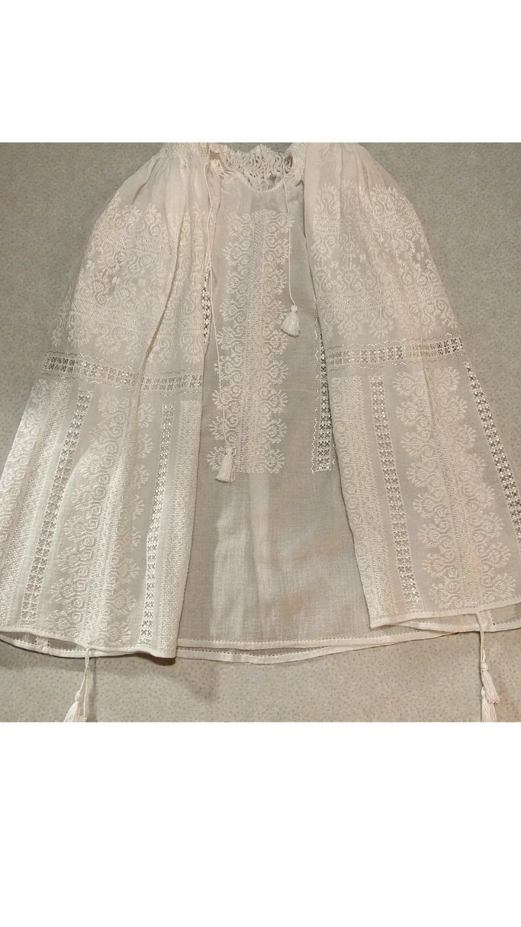 White Ram’s Horn motif hand cross-stitched silk and cotton blouse with ajour embroidery