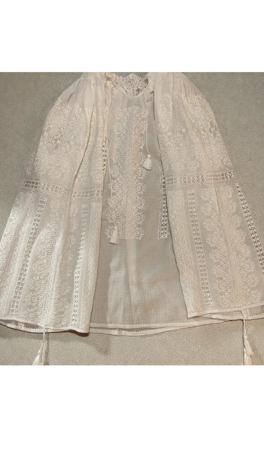 White Ram’s Horn motif hand cross-stitched silk and cotton blouse with ajour embroidery