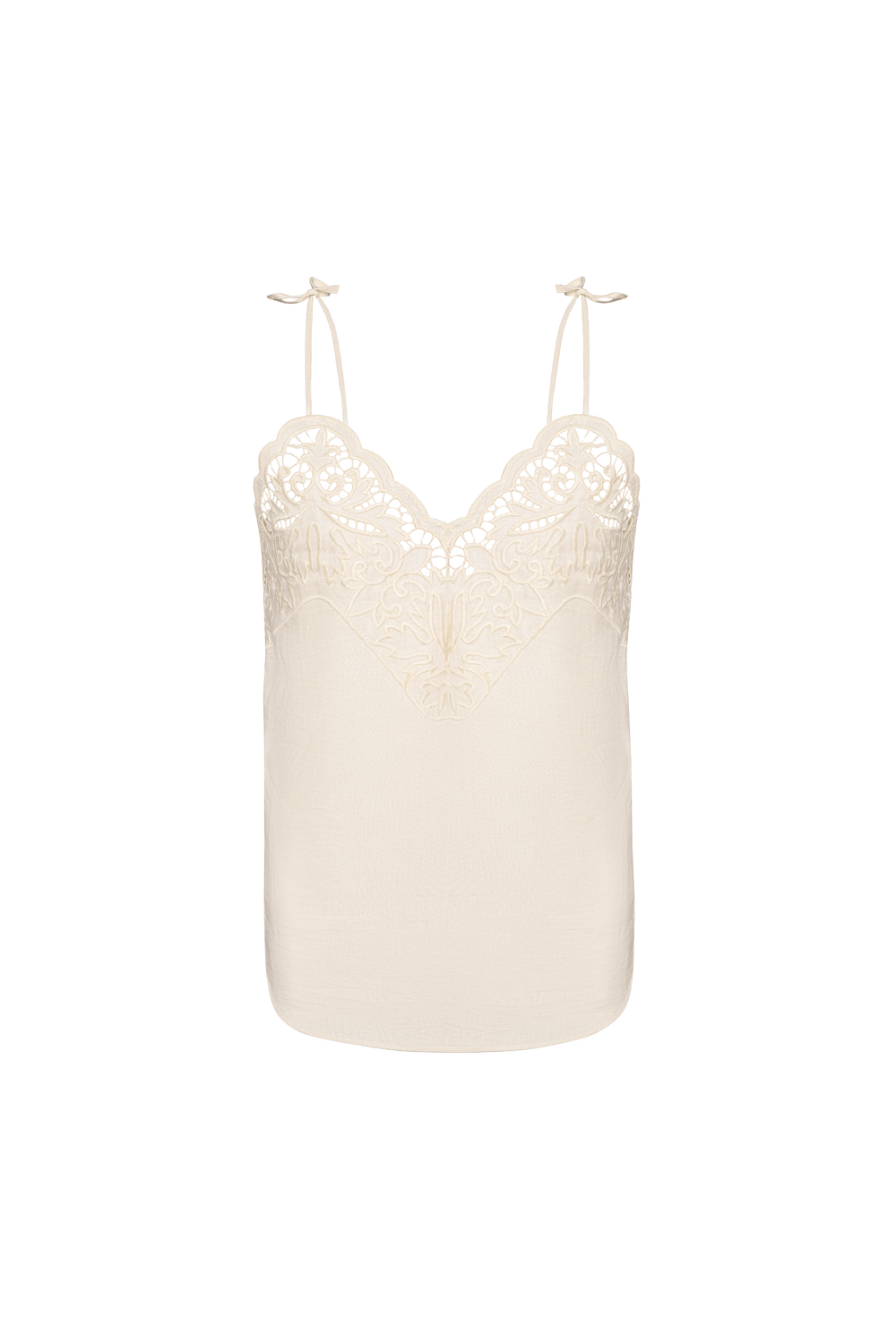 Hand-embroidered Richelieu cutwork linen top in ivory