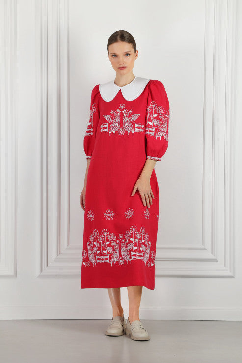 Rochie mini din in brodată cu păsări și flori Zozulya 