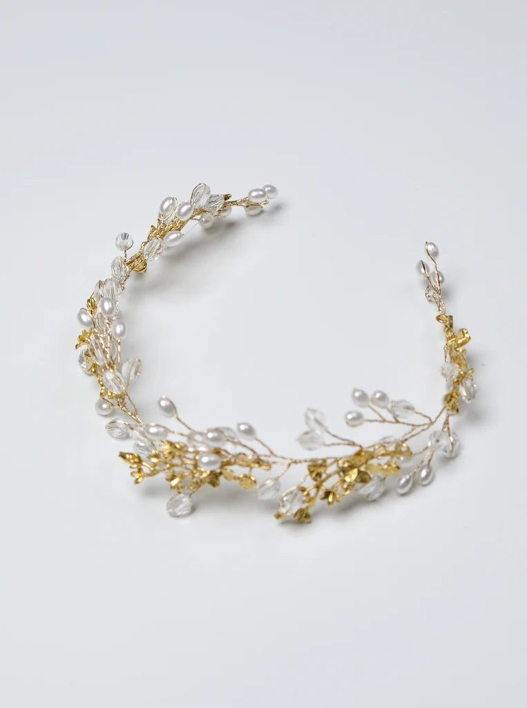 Katerini Mou gold bridal hair accessory with pearls and clear crystals