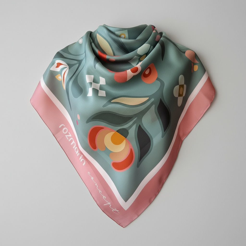 Decorative scarf with colorful patterns on a white background