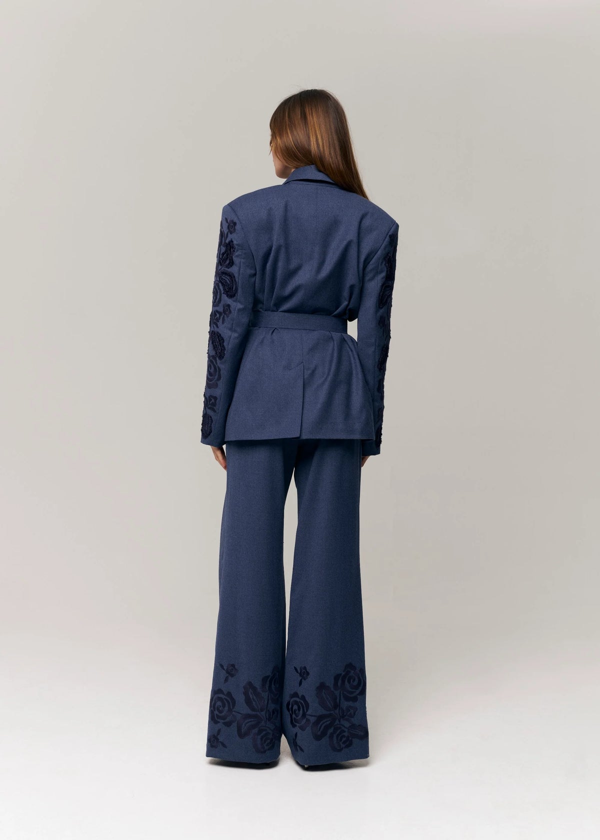 Velvet Rose Embroidered Wool Blazer – Steel Blue