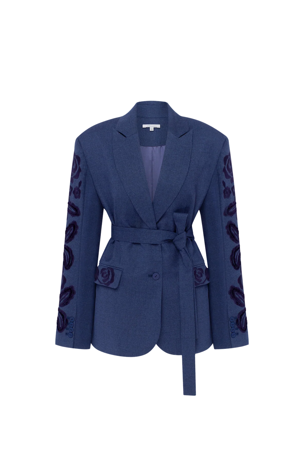 Velvet Rose Embroidered Wool Blazer – Steel Blue