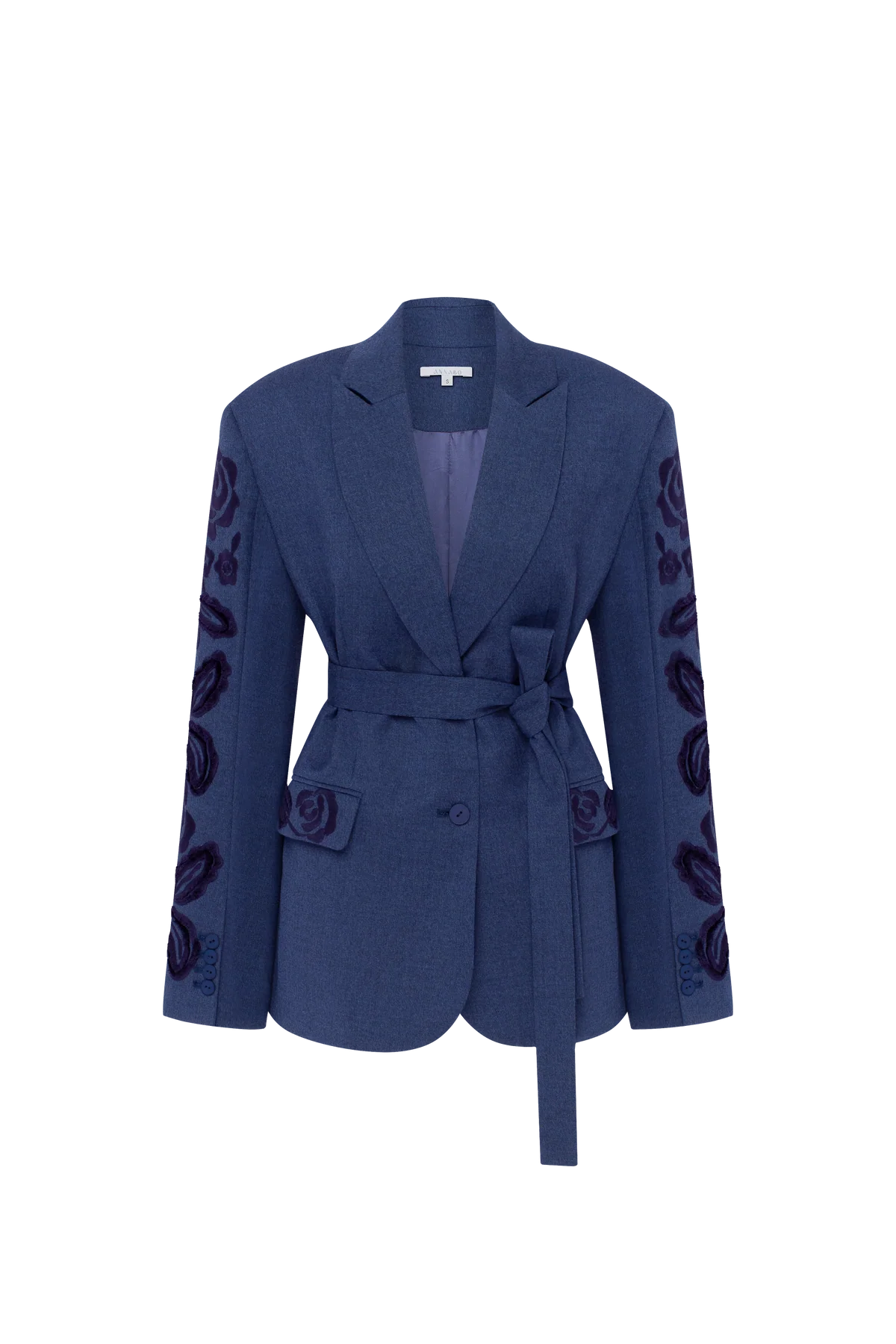 Velvet Rose Embroidered Wool Blazer – Steel Blue