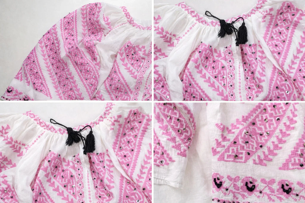 Pink Blossom cross stitched hand-embroidered sequined cotton blouse