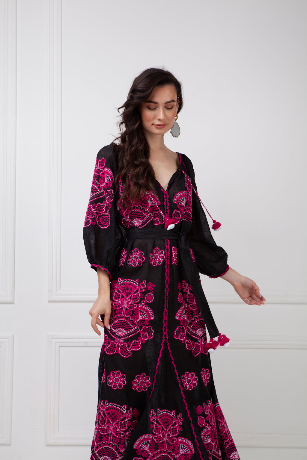 Model wearing the Foberini Victory Chic pink and white embroidered maxi dress – styled look
