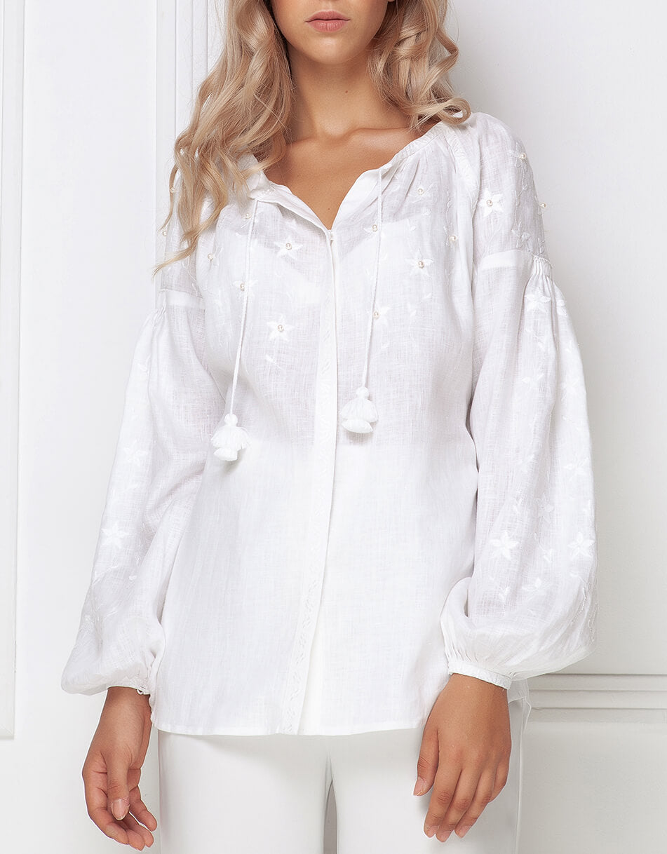 White linen pearl-beaded peasant blouse - tonal floral embroidery detail