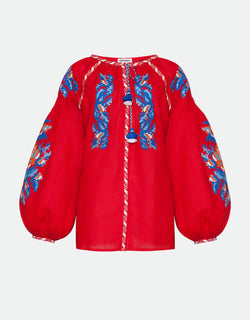 Foberini, Ukrainian vyshyvanka embroidered blouse, red, linen, floral motif, hand-embroidered