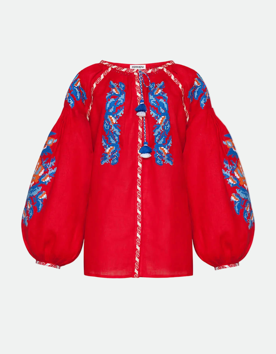 Foberini, Ukrainian vyshyvanka embroidered blouse, red, linen, floral motif, hand-embroidered