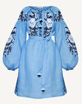 Blue linen Myroslava mini dress with floral embroidery, Foberini