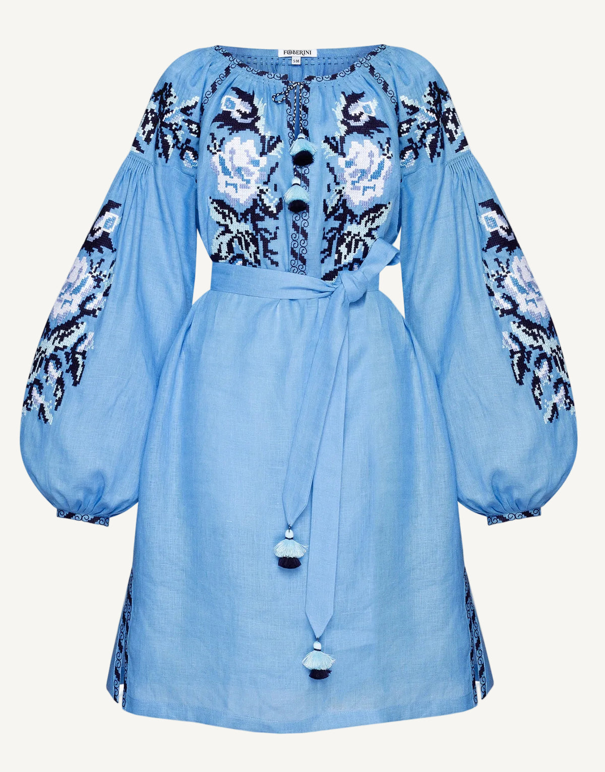 Blue linen Myroslava mini dress with floral embroidery, Foberini