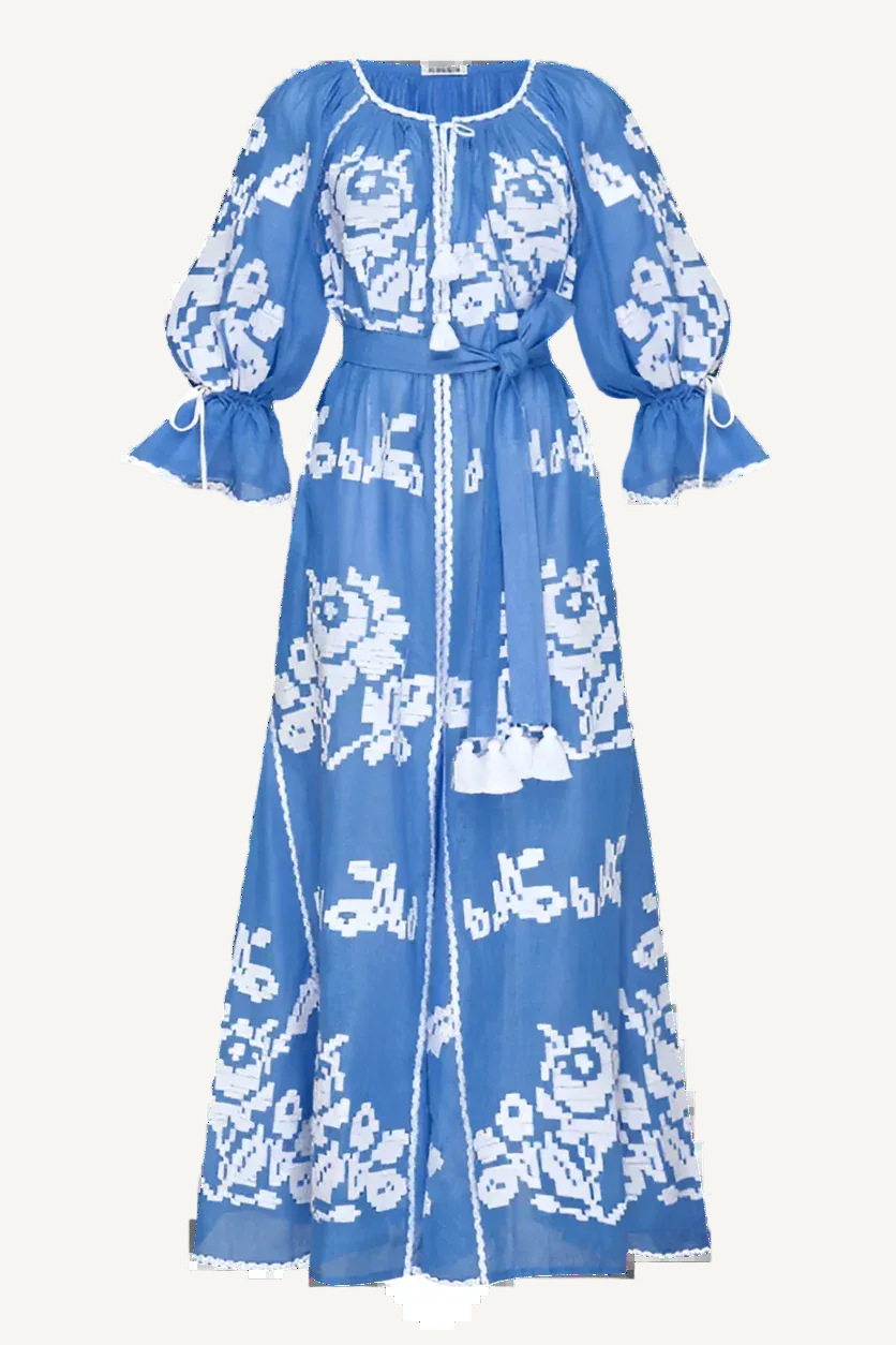 Foberini, Embroidered dress, blue, floral motif, hand-embroidered