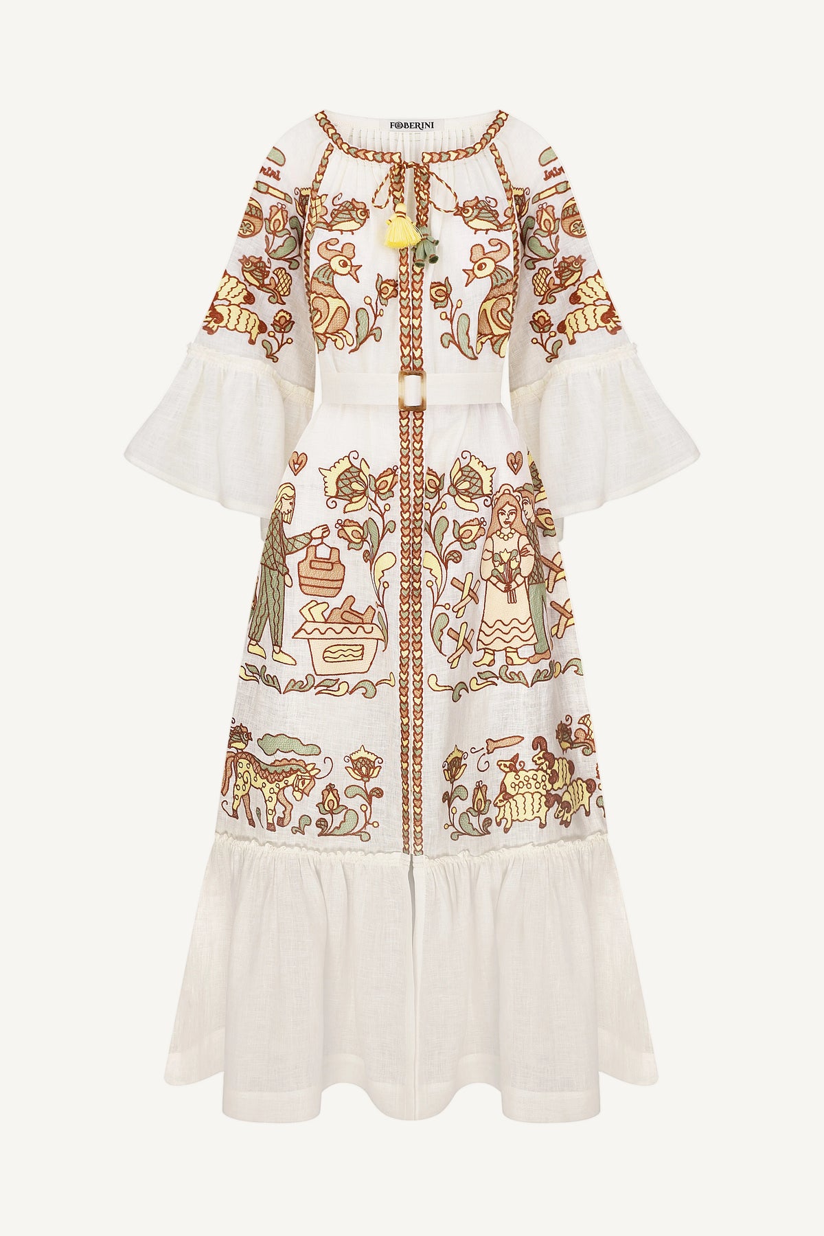 White dress with intricate brown and green patterns embroidery