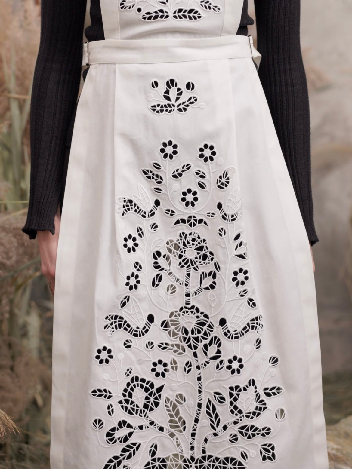 Foberini white linen Tree of Life pinafore apron dress with cutwork embroidery