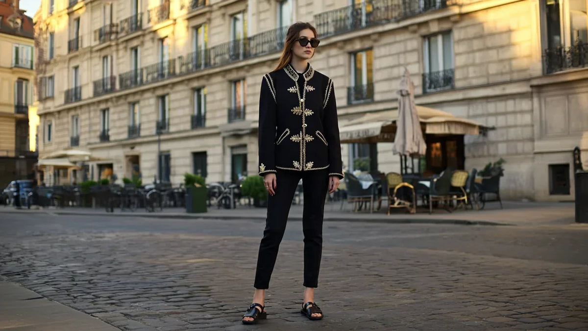 Model wearing the black wool Heritage Officer Jacket – styled look
