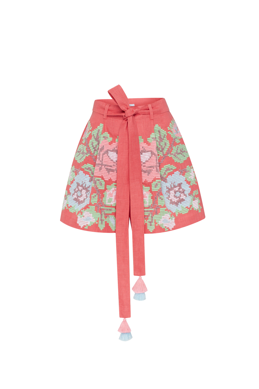 Hand-embroidered folk linen shorts