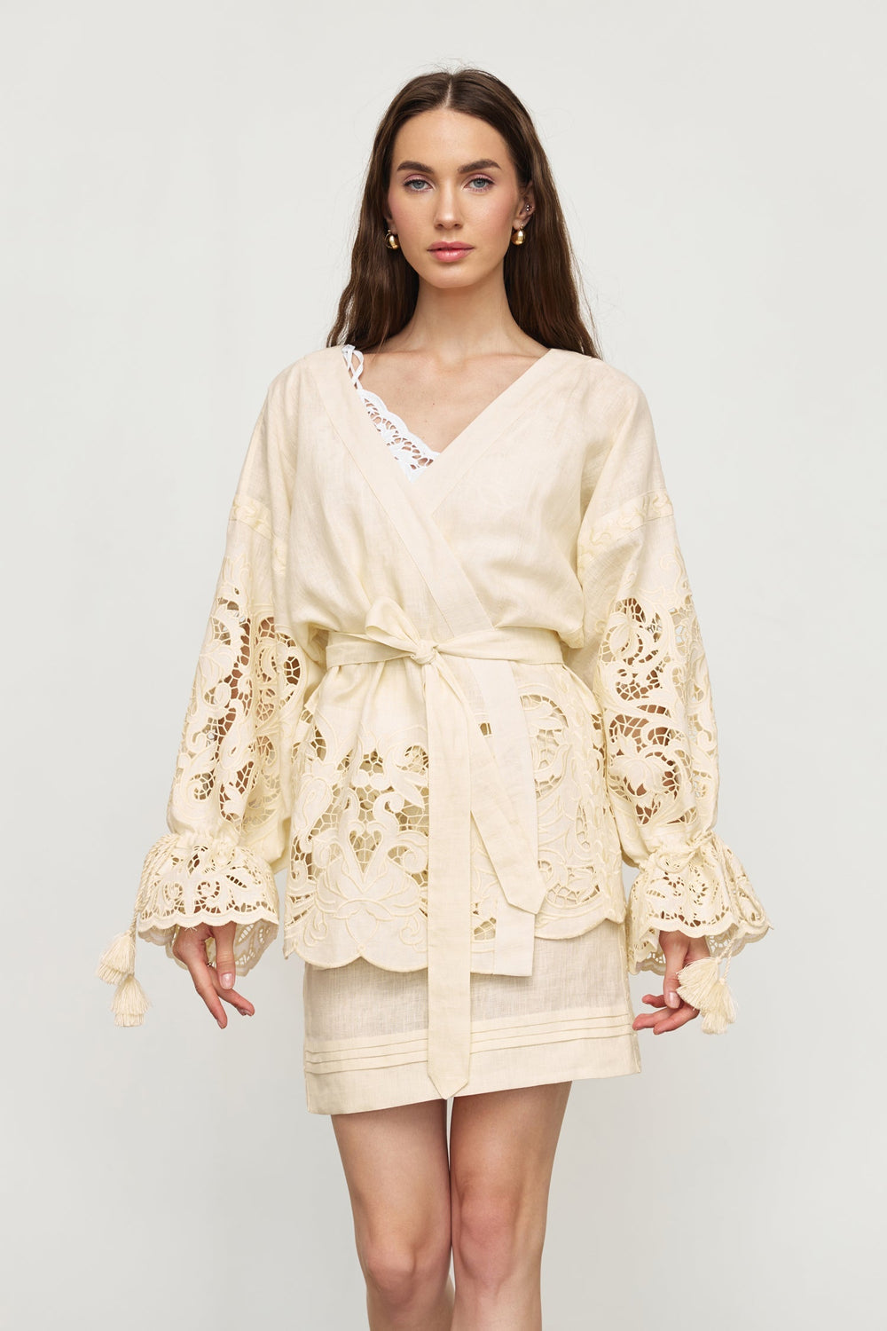 Hand-embroidered folk linen skirt with Richelieu cutwork in ivory – openwork detail