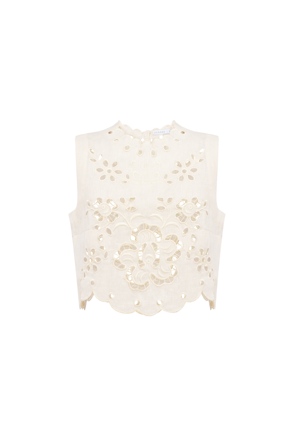 Hand-embroidered Richelieu cutwork linen top in ivory